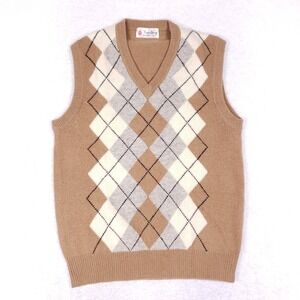 Kwon Shing Vintage Argyle Wool Sweater Vest XL Tan